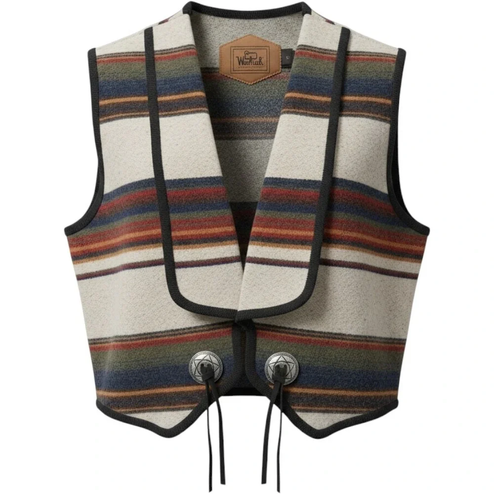 Woolrich Vintage Southwestern Blanket Vest Concho Button Stripe Gray Blue Large